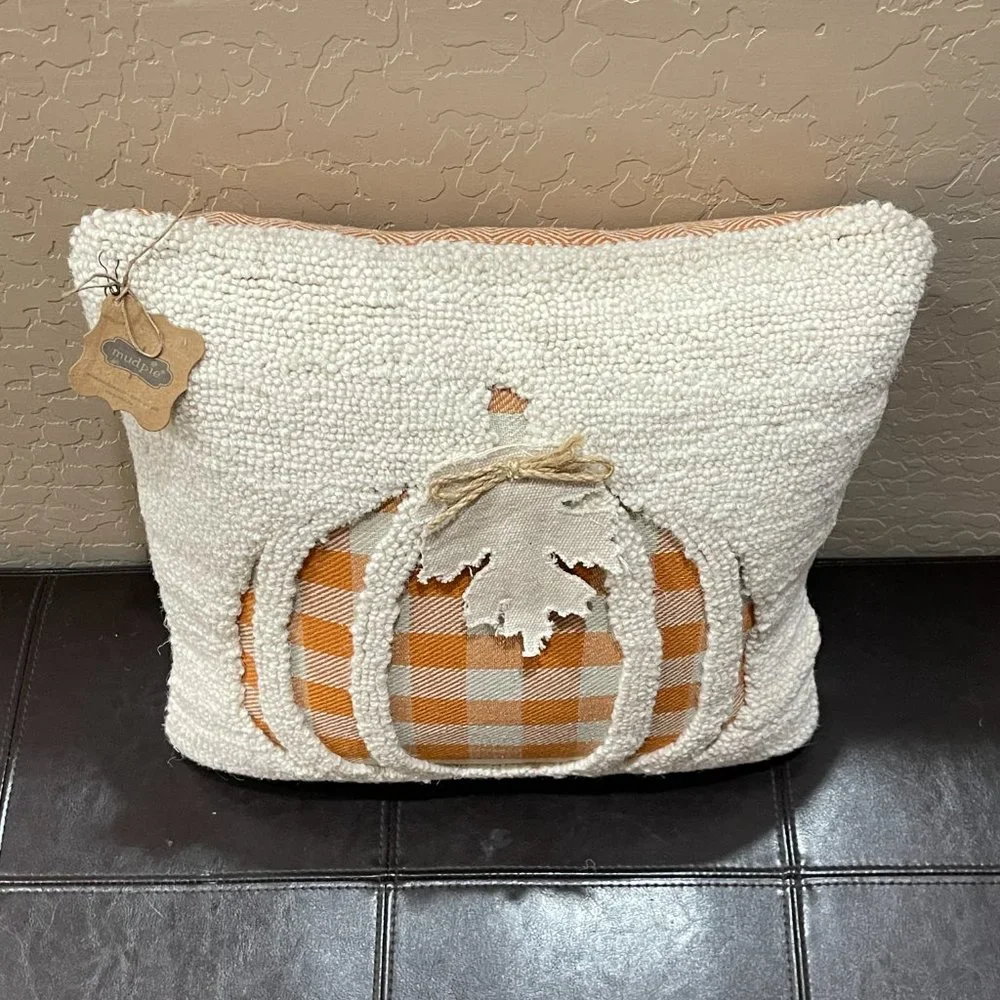New Mud Pie Pumpkin Pillow Recessed Hooked White Orange Plaid Fall Halloween